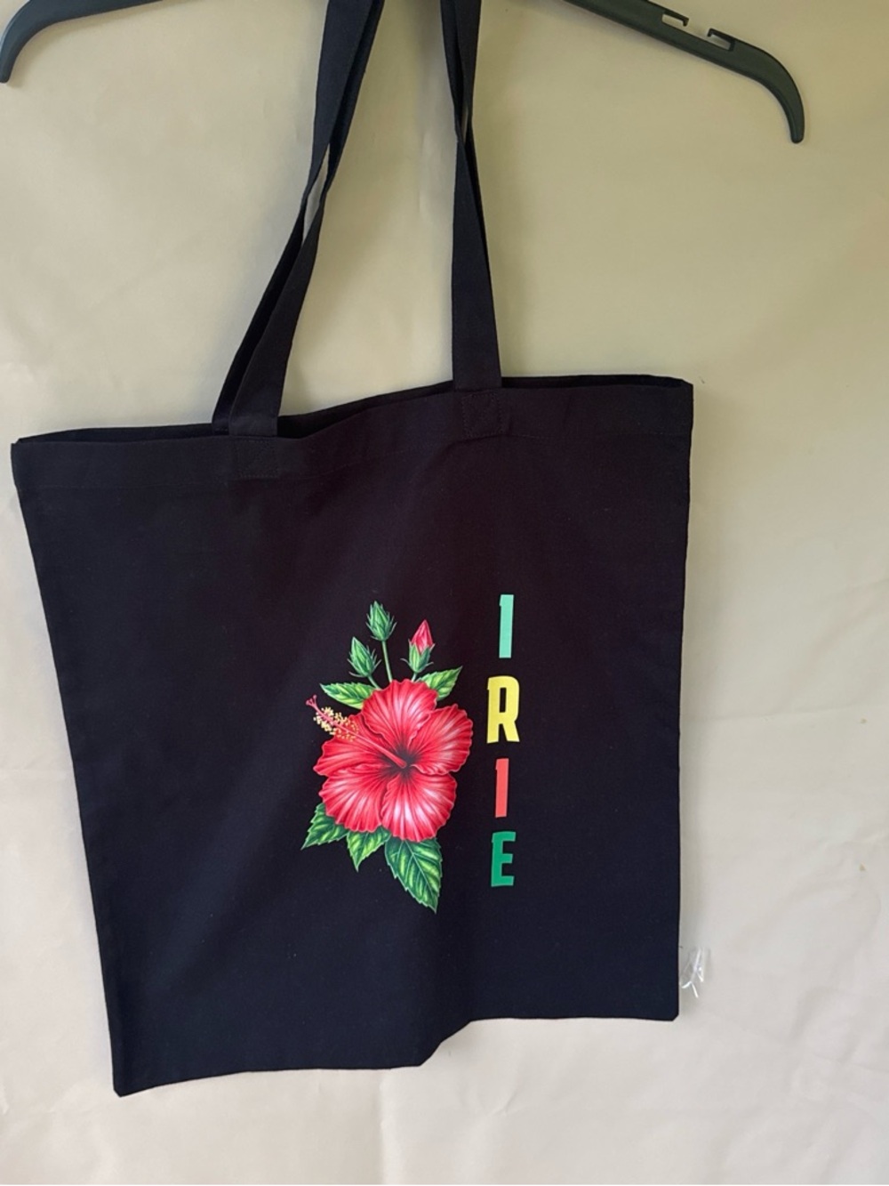 IRIE Black Tote Bag with Red Hibiscus Print